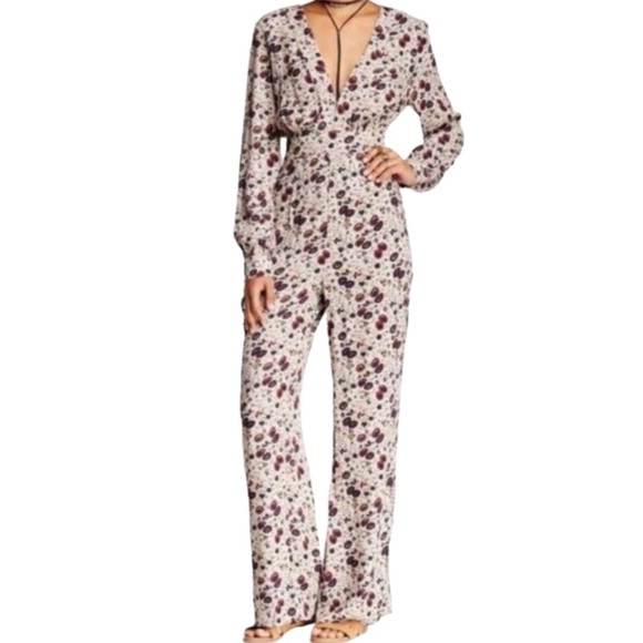 FREE PEOPLE Some Like It Hot Floral Print V-Neck Flare Leg Jumpsuit Almond Combo